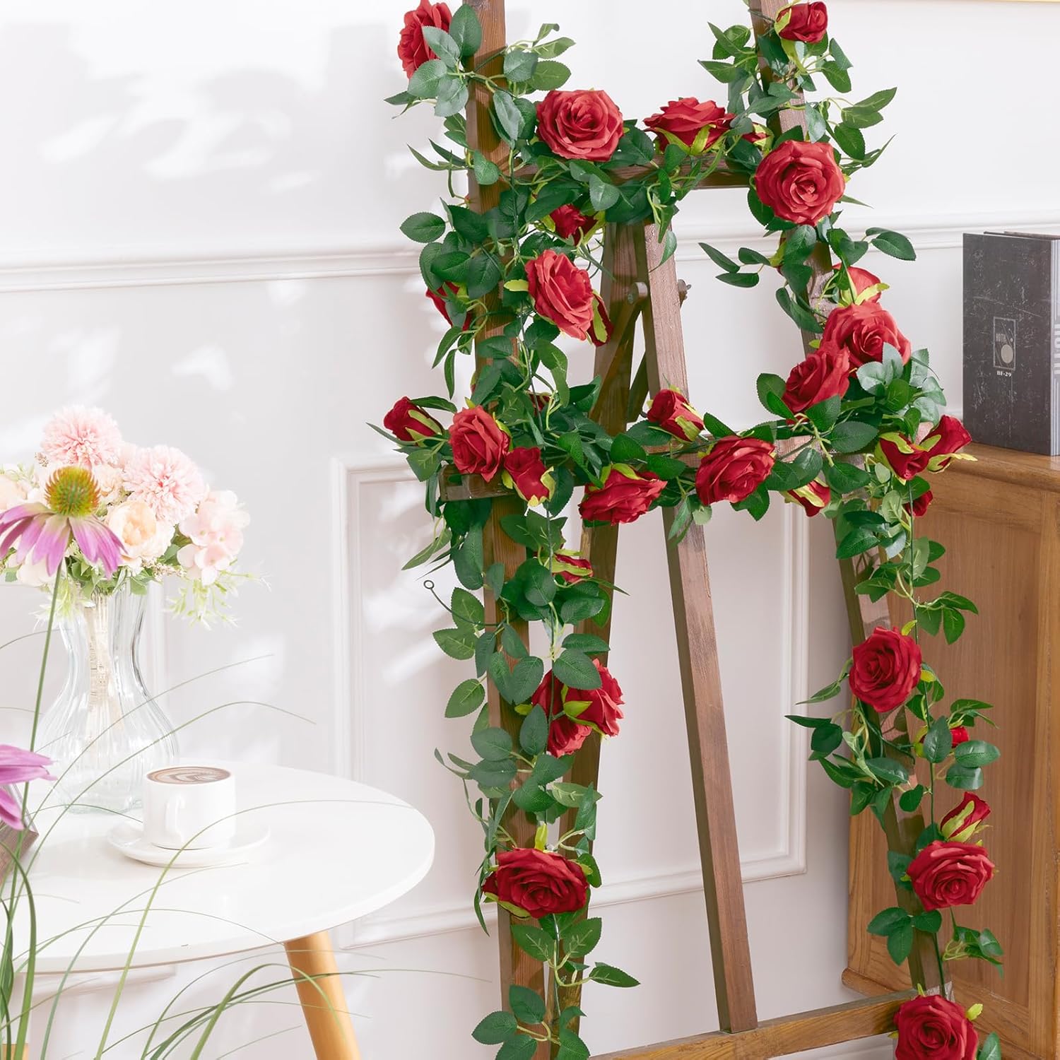 U'Artlines 5 Pack Artificial Red Rose Vines Floral Garlands Total 32.5 Ft Fake Vine Silk Flower Garland for Indoor Outdoor Home Wedding Arch Garden Wall Decoration