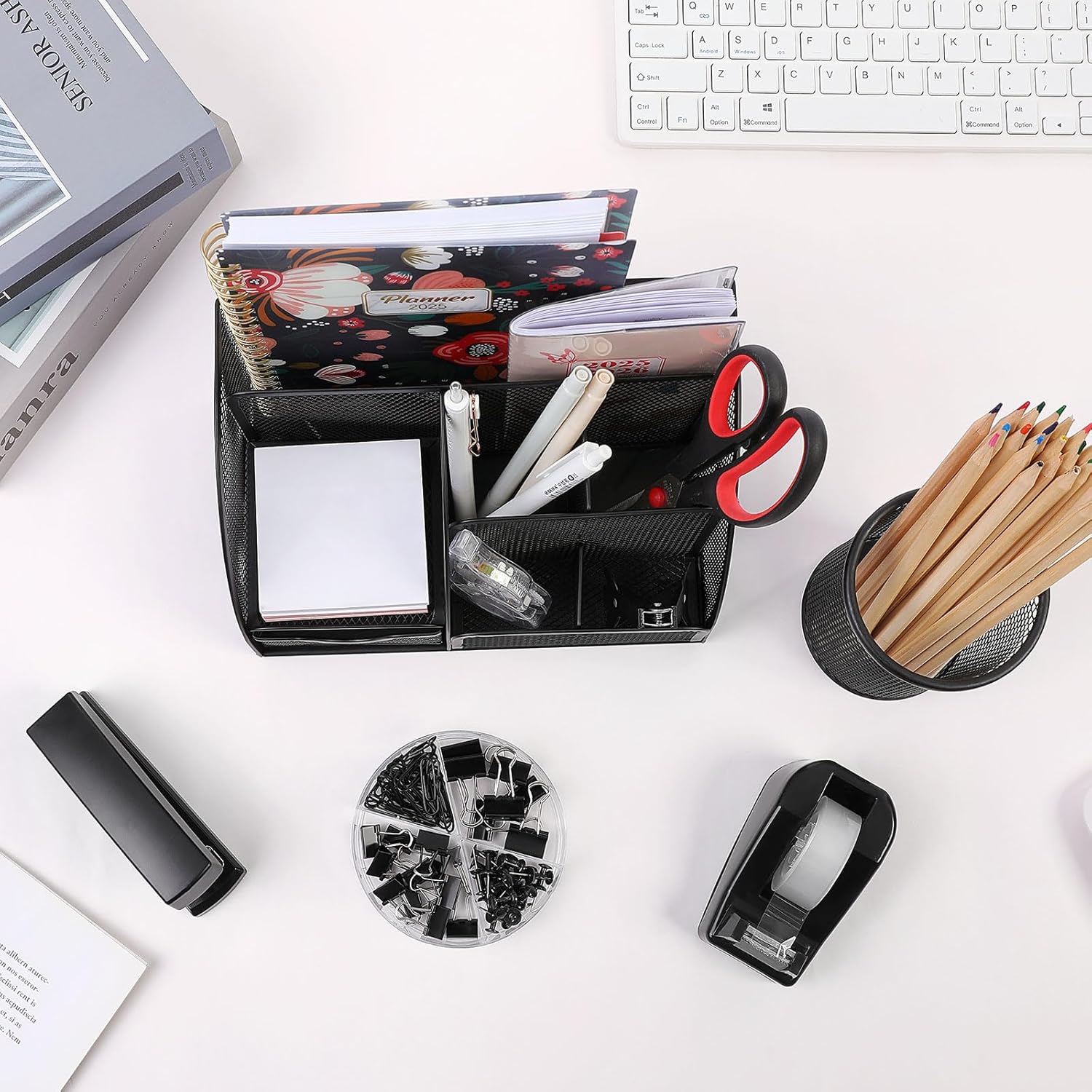 SKYDUE Black Office Supplies, Mesh Desk Organizer, Stapler, Tape Dispenser, Scissors, Binder/Paper Clips and 1000pcs Staples, Desk Supplies Set