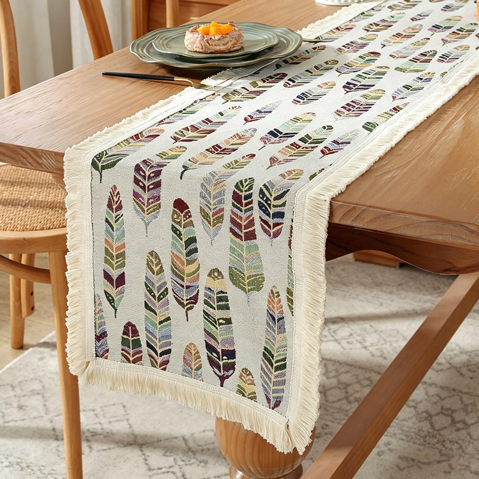 Hand-Woven Tassel Table Runner, Thickened Cotton-Linen Blend Table Runner, Yarn-Dyed Jacquard, Suitable for Weddings, Birthdays,and Seasonal Home Decor(White,30x180cm/11.8x70.8in)
