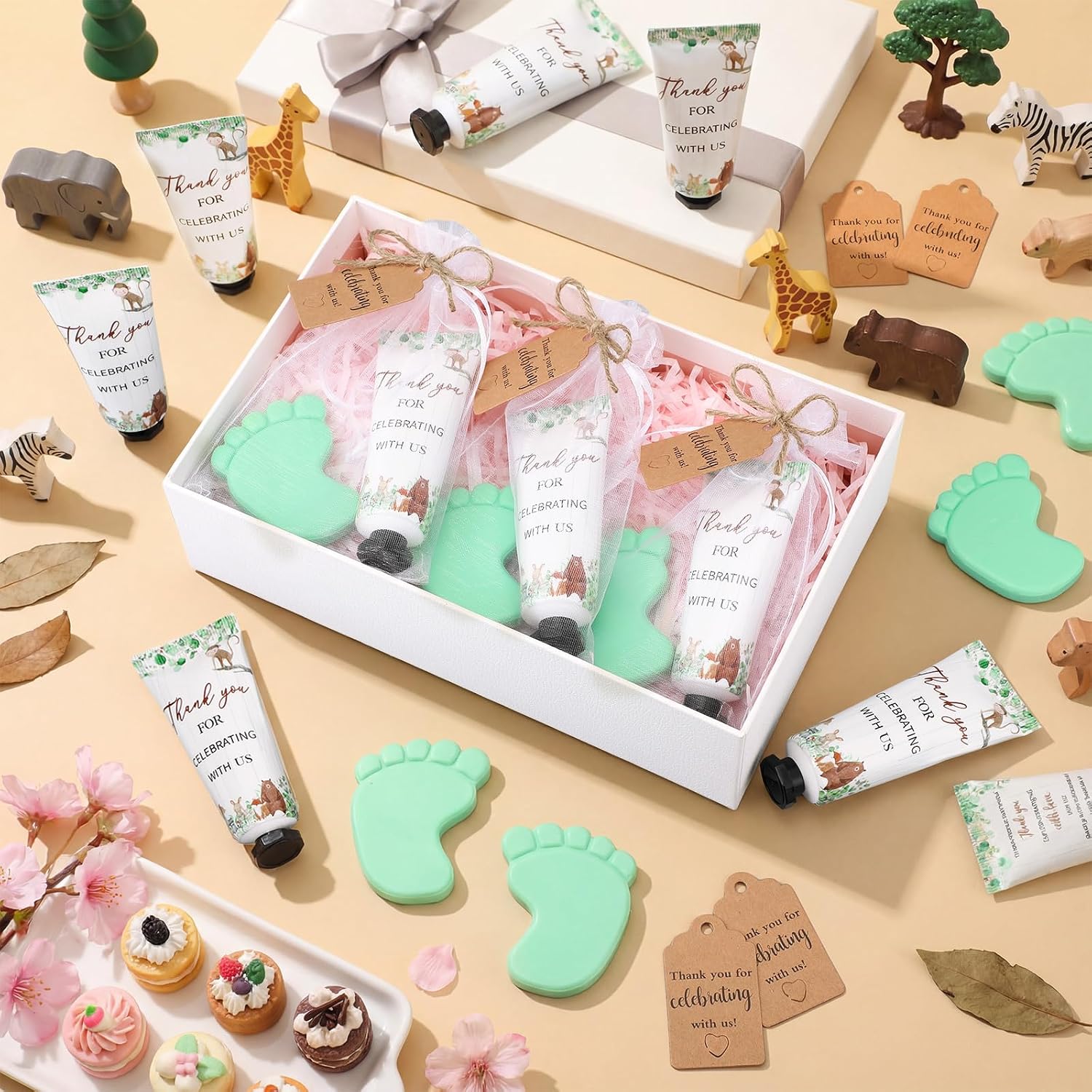 75 Pcs / 25 Sets Woodland Baby Shower Favor for Guests Safari Party Gifts Footprint Soaps Forest Animal Hand Creams with Organza Bag and Thank You Tag for Baby Shower Winner Gender Reveal Game