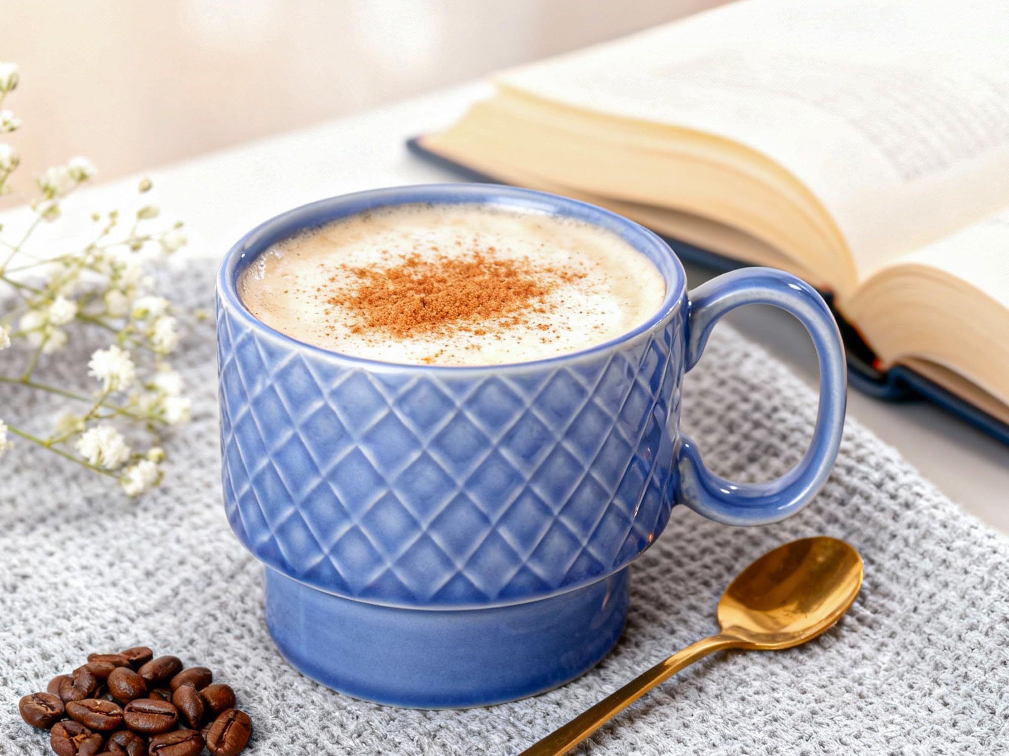 Stackable Ceramic Soup and Coffee Mug, Glossy Finish Microwave Safe Bone Ash Free Mug for Gifting, Ideal for Maggi, Cappuccino, Latte, Green Tea (500Ml, Mist Blue)