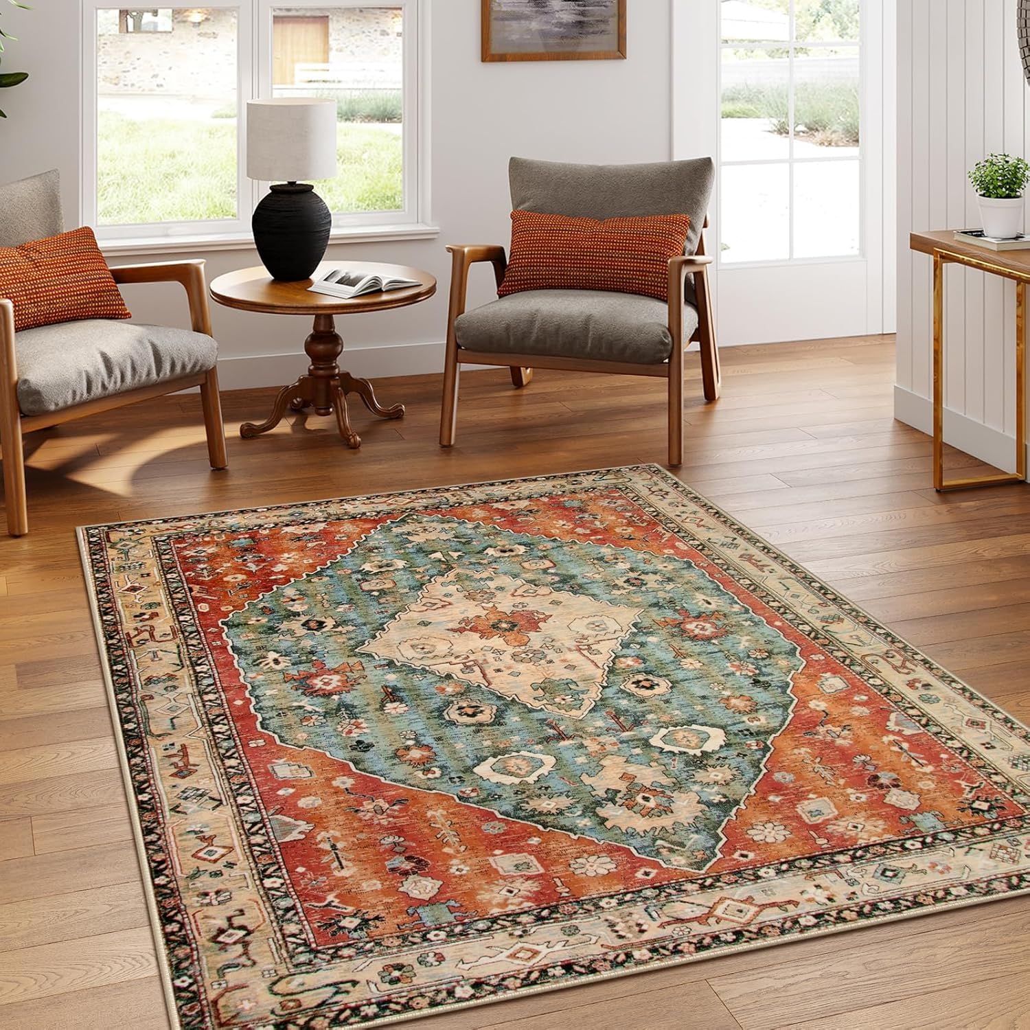 Tapis lavable en machine style oriental orange et rouge 200x240