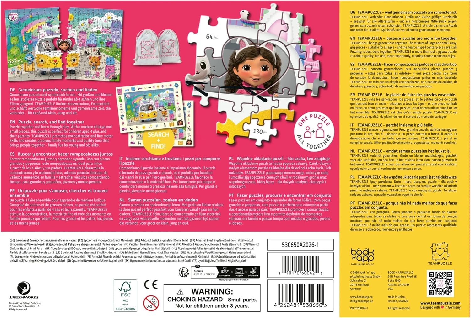 TEAMPUZZLE: DreamWorks Gabby’s Dollhouse - 194pc Puzzle, 2 Difficulty Level Sections, 19x13 City & Character Van Scene, Search & Find, Family-Kids 4+