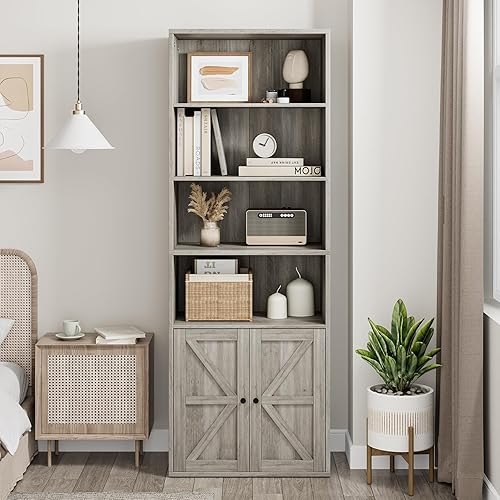 Miniatura 5 de IDEALHOUSE Bookcase with Doors Industrial Bookshelf 11.8in Depth Display Storage Shelves 71.4in Tall Farmhouse Bookcases Wooden 6 Shelf Bookshelvels