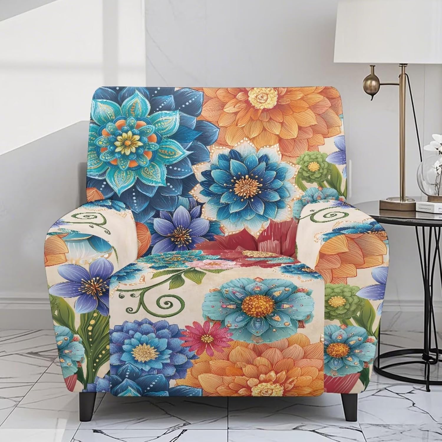 Boho Mandala Floral Print 4 Pieces Recliner Slipcovers, Soft Comfortable Spandex Sofa Couch Cover, Anti-Slip Furniture Protector with Elastic Band for Kids Cats Dogs