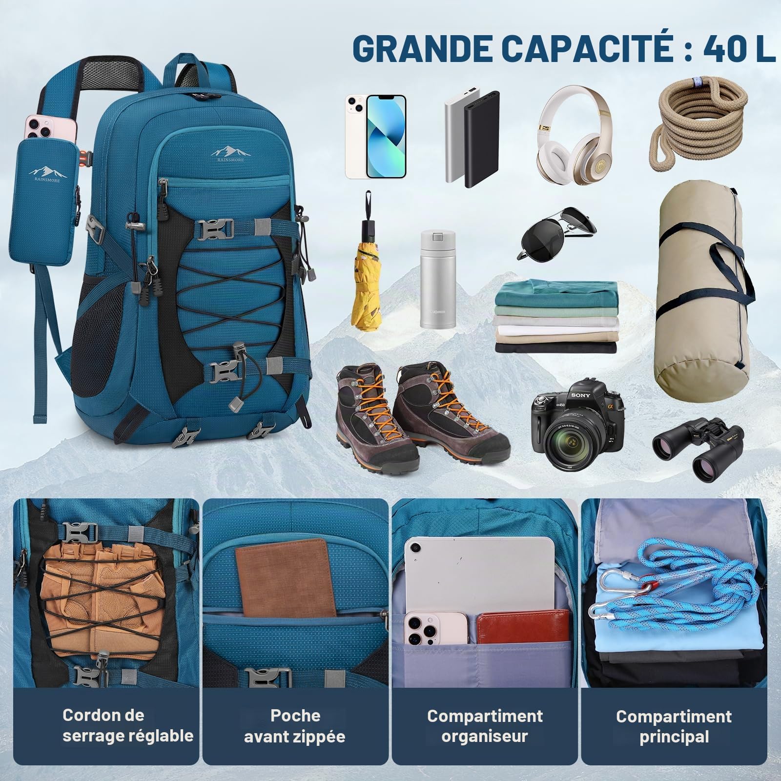 RAINSMORE Sac a Dos Randonnee 40L Pliable Ultraléger Sac à Dos