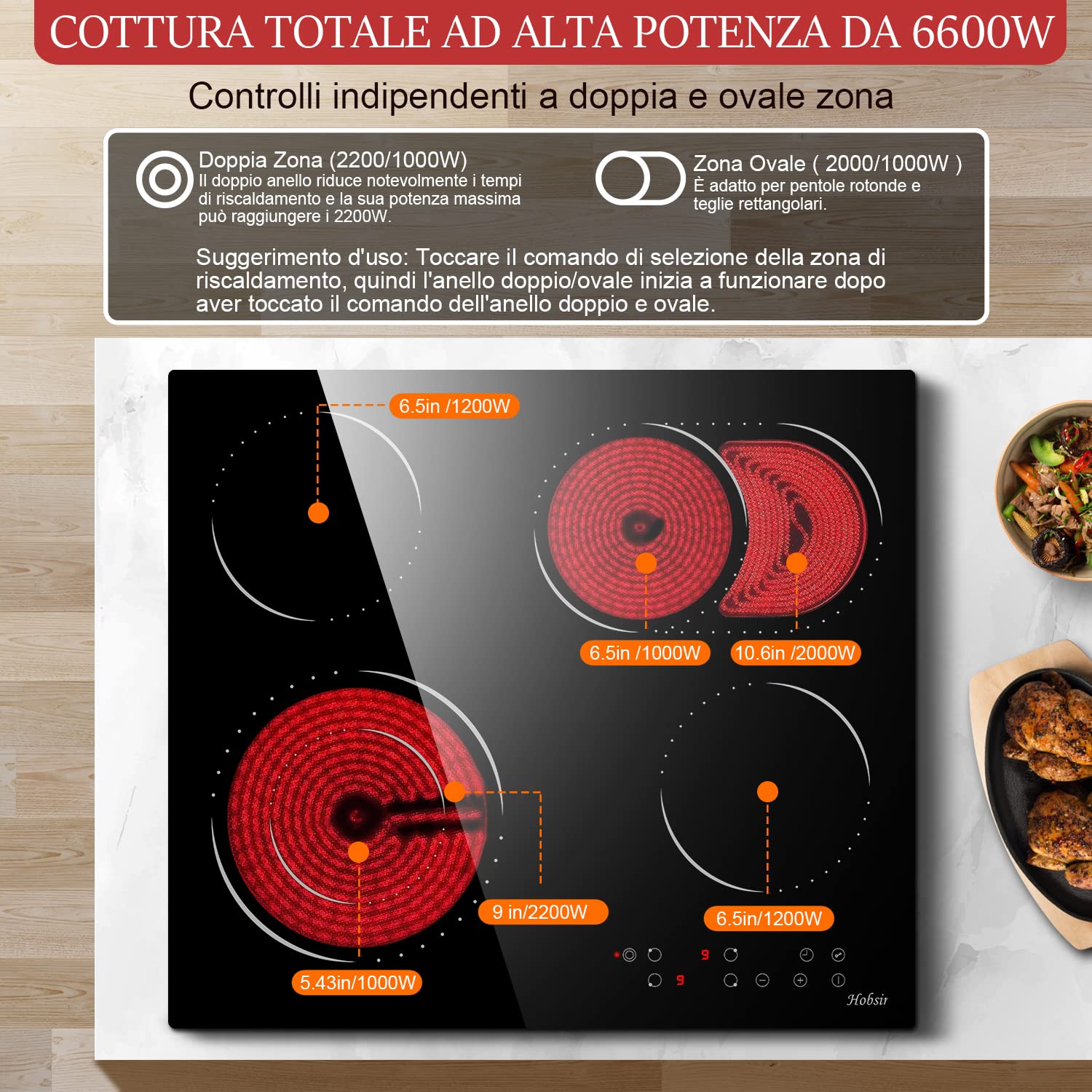 Hobsir Piano Cottura Vetroceramica 4 Fuochi 6000w-con Dual Zone, Piano Cottura Elettrico 6600W, Piastra in Vetroceramica da incasso 59CM, Timer, Blocco di Sicurezza, Controllo Touch