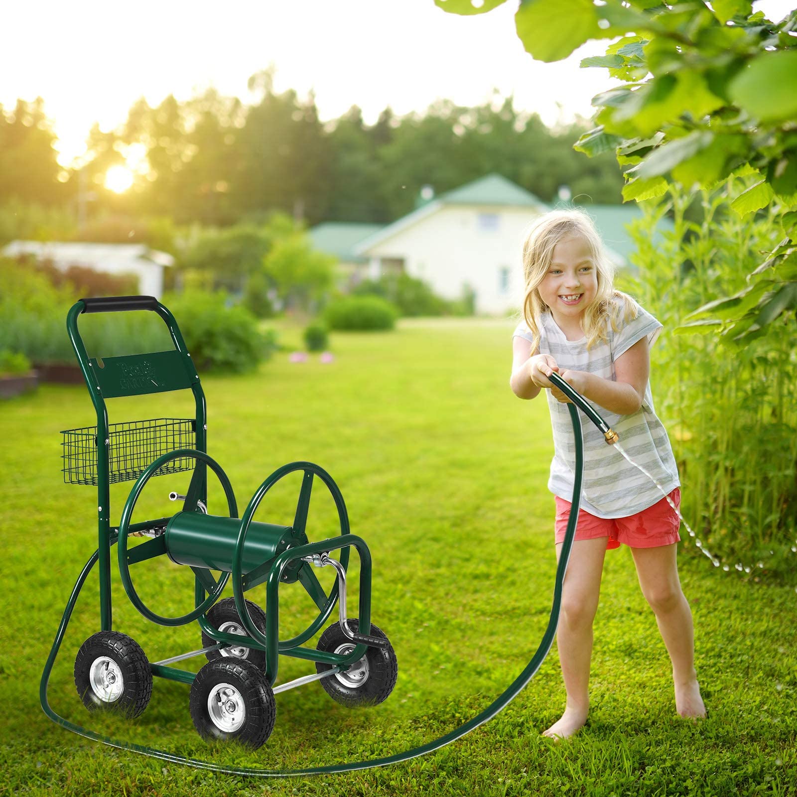 GYMAX Carrello Avvolgitubo da Giardino in Metallo e Gomma,con Ruote e Cestello