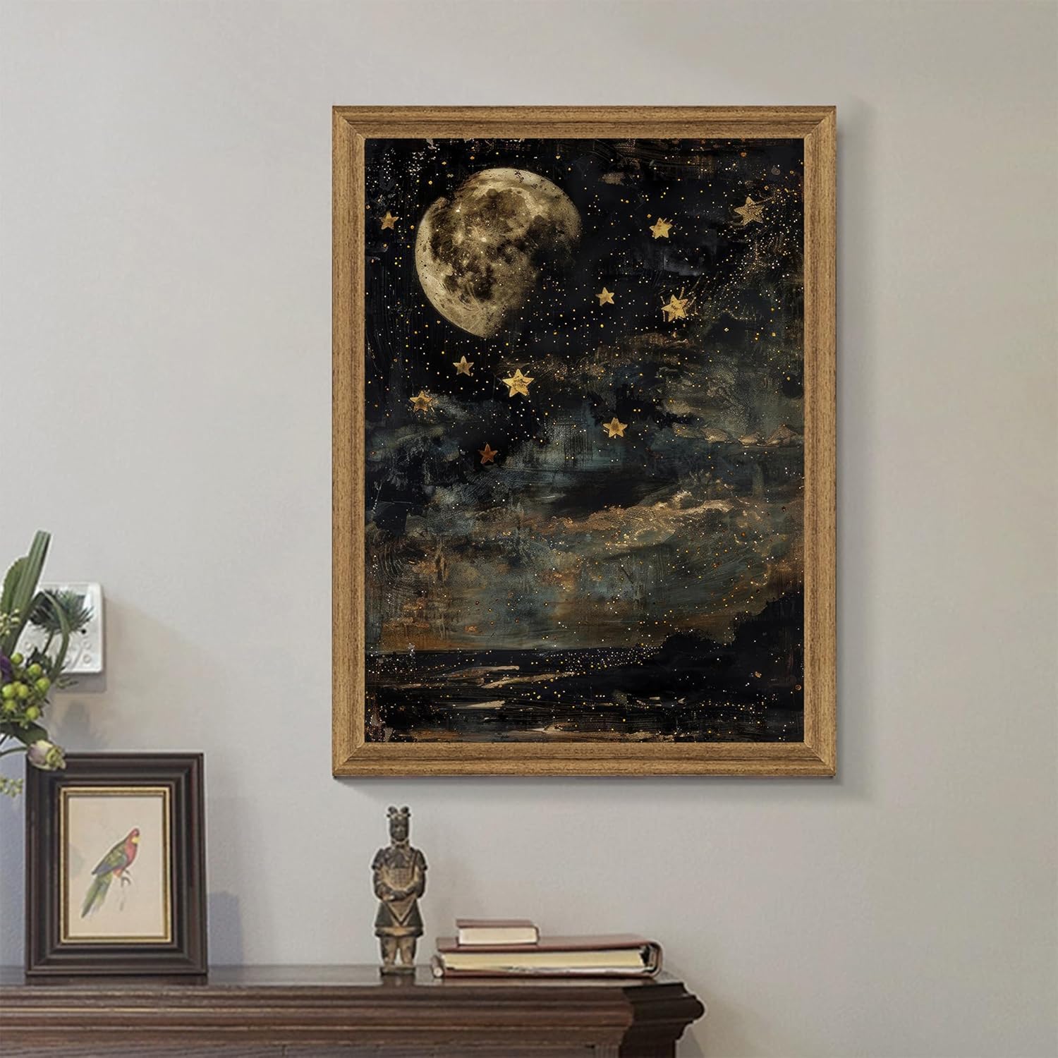 Palette Dreams Night Sky Wall Art Print, Wood Framed Celestial Decor with Moon and Stars, Easy to Hang Fade Resistant Poster for Bedroom, Living Room, Home Office, 12x16 Inches