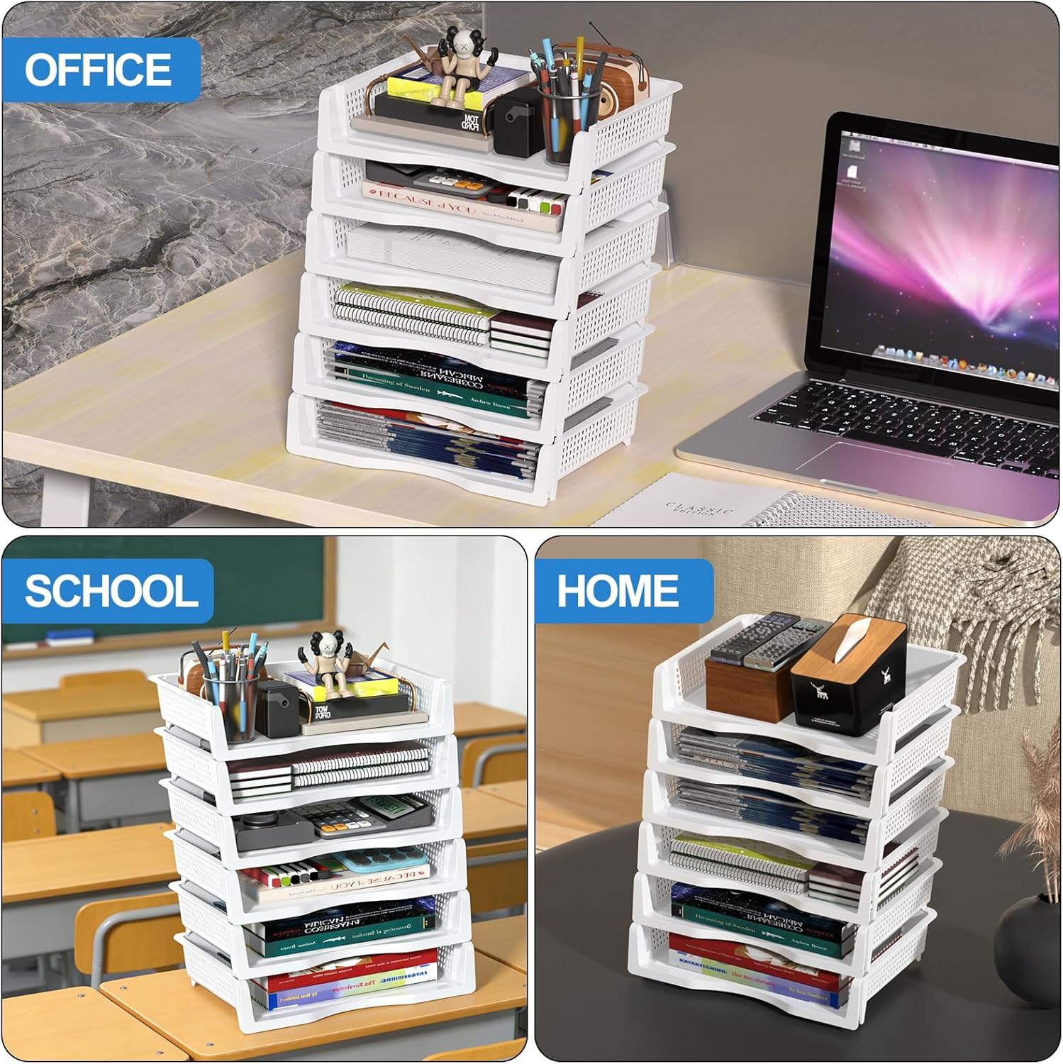 Teyyvn 6 Pack Plastic Stackable Paper Tray, Desk Letter Organizer Trays Stackable, White
