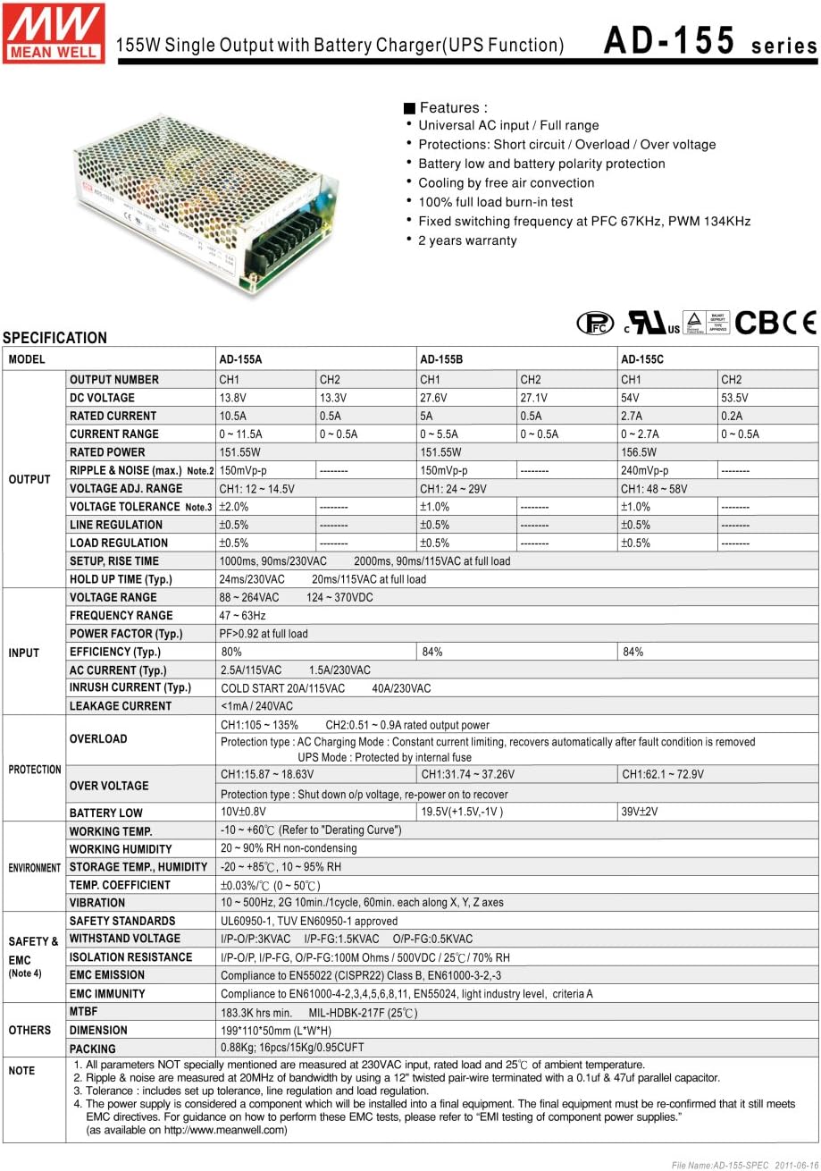 MEAN WELL original AD-155B meanwell AD-155 151.55W Single Output with Battery Charger(UPS Function) power supply