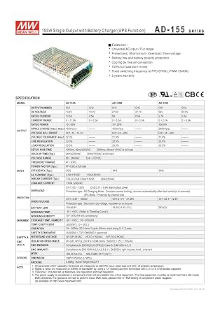 Mean Well AD-155A Enclosed AC-to-DC Power Supply, Single Output with Battery Charger, 13.8V-13.3V, 151.55W, 2.0 H x 4.3 W x 7.8 L