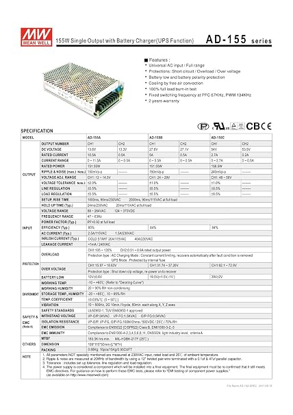 Mean Well AD-155A Enclosed AC-to-DC Power Supply, Single Output with Battery Charger, 13.8V-13.3V, 151.55W, 2.0 H x 4.3 W x 7.8 L