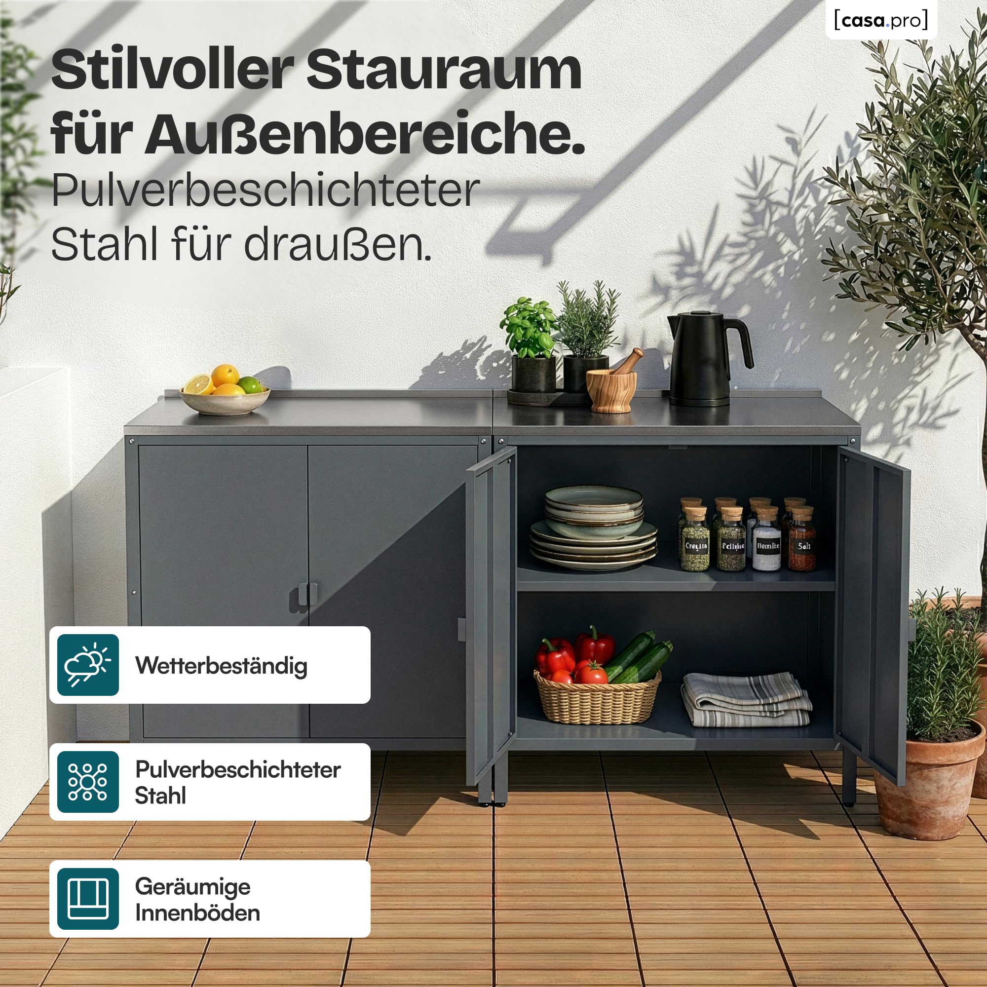 casa.pro Outdoor Schrank Bolognano Gartenschrank 92x80x50 cm Dunkelgrau matt