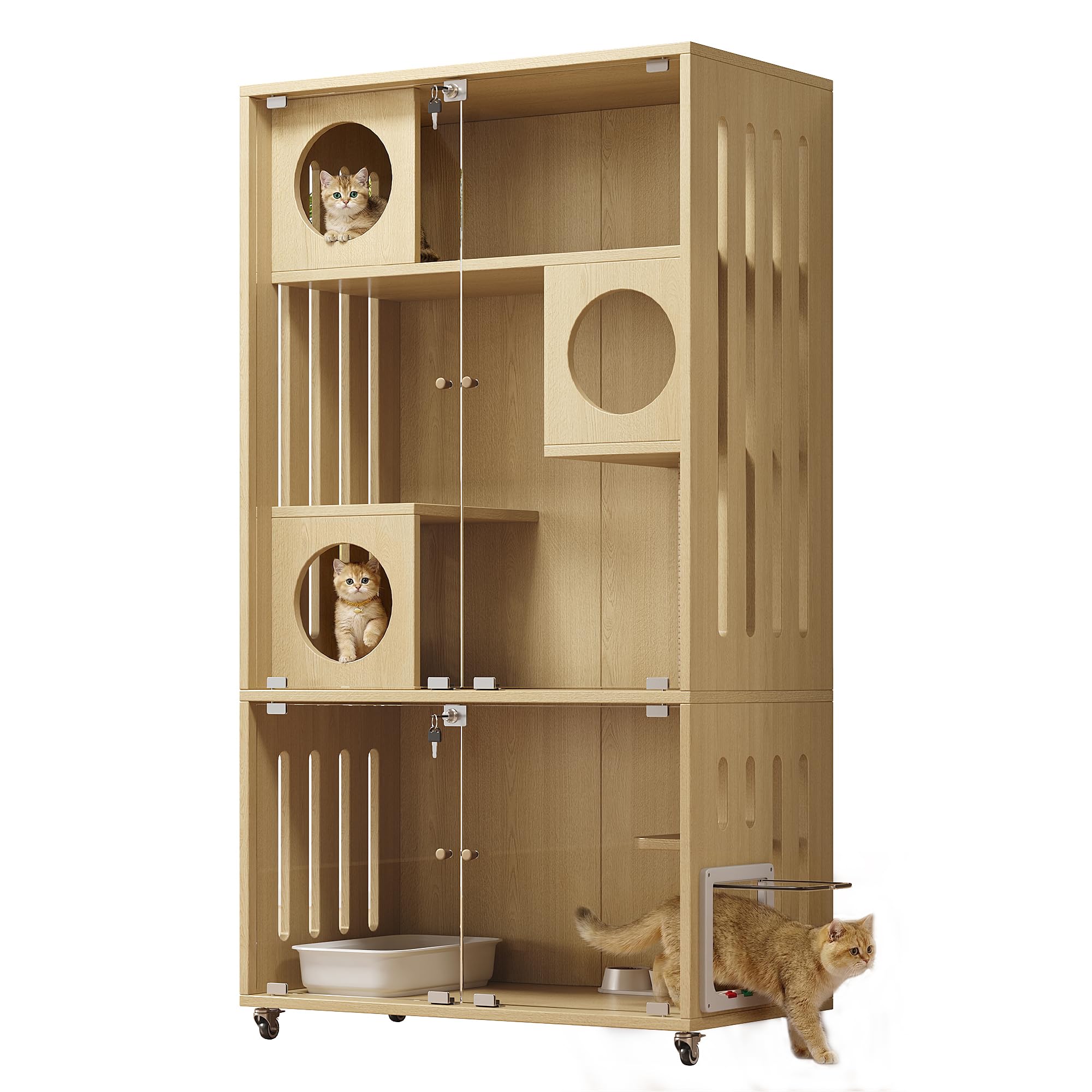 SACOOL Jaula móvil para gatos, interior de casa, armario para mascotas, con cierre de llave, puerta de entrada/salida, color madera natural, 90 x 50 x 166 cm