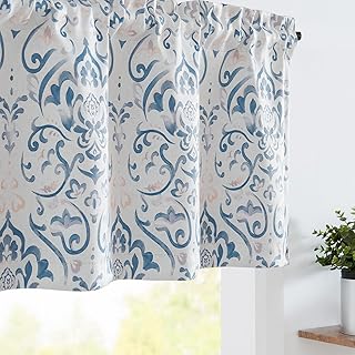100% Blackout Valance and Floral Curtains Blue Drapes 84 Inches Long for Bedroom Kitchen Damask Printed Valance 16 Inches for Living Room - Buy now