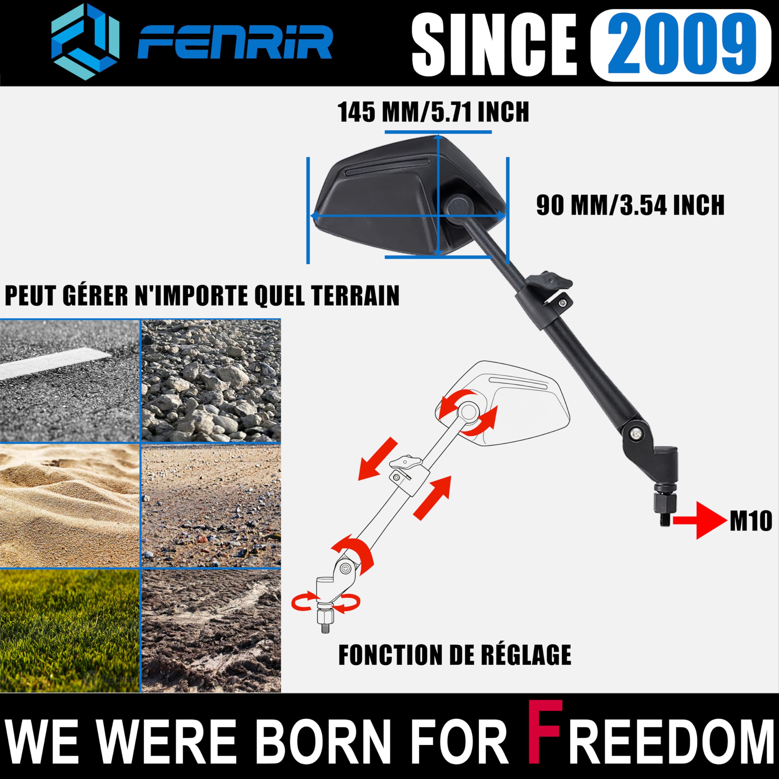 FENRIR Homologué Rétroviseur Moto Retroviseur Indestructibles Fonction Pliable Anti-éblouissement Lentilles Courbes Anti-vibration Ajustables Compatible avec Les Adventure Enduro Tourer (801-0118)