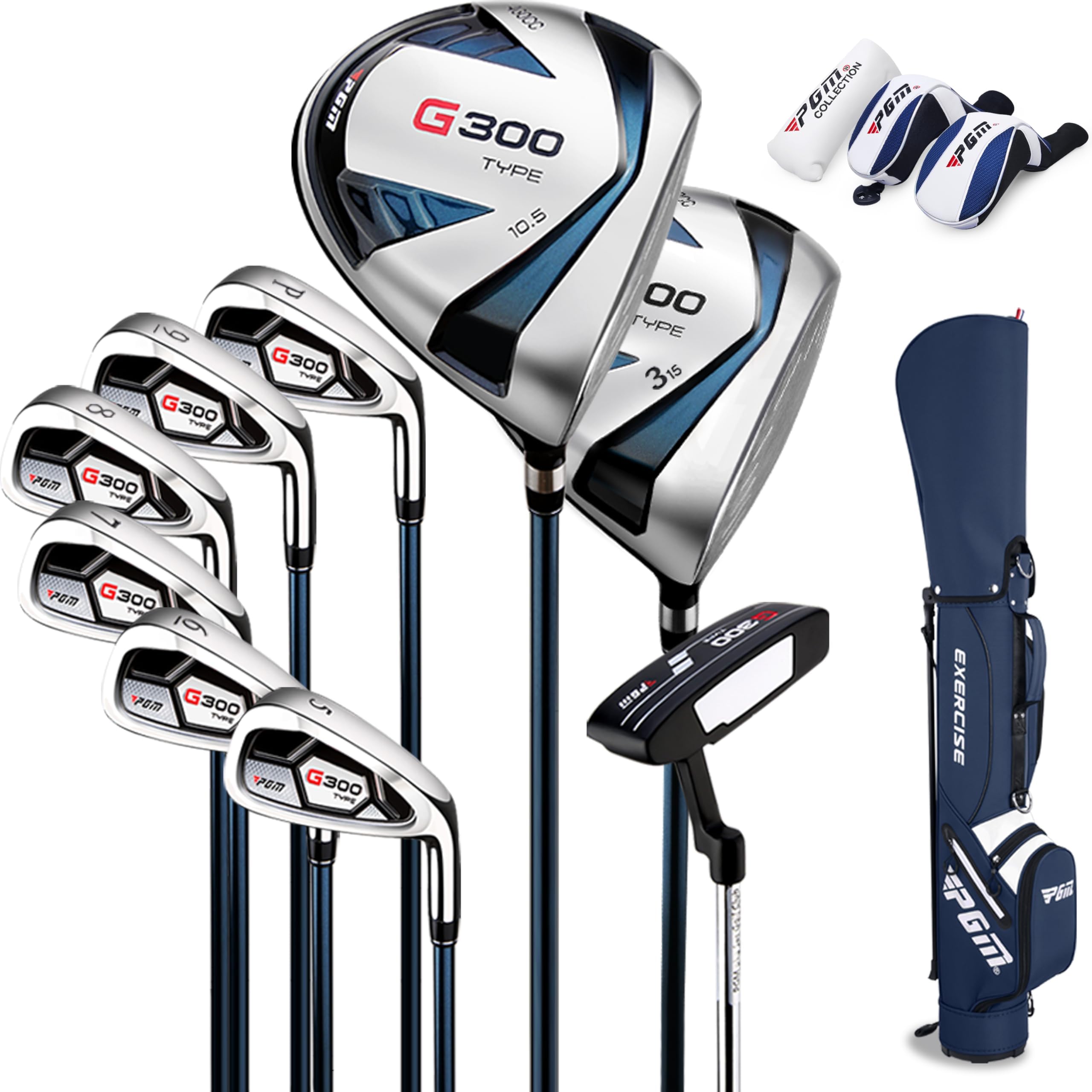 PGM Men's G300 Complete Golf Club Set - Titanium #1 Driver, Draw-Biased Hybrid, High-Strength Iron Set, High Forgiveness Putter, with Stand Bag (Right-Handed, 9Pcs Clubs-Regular)