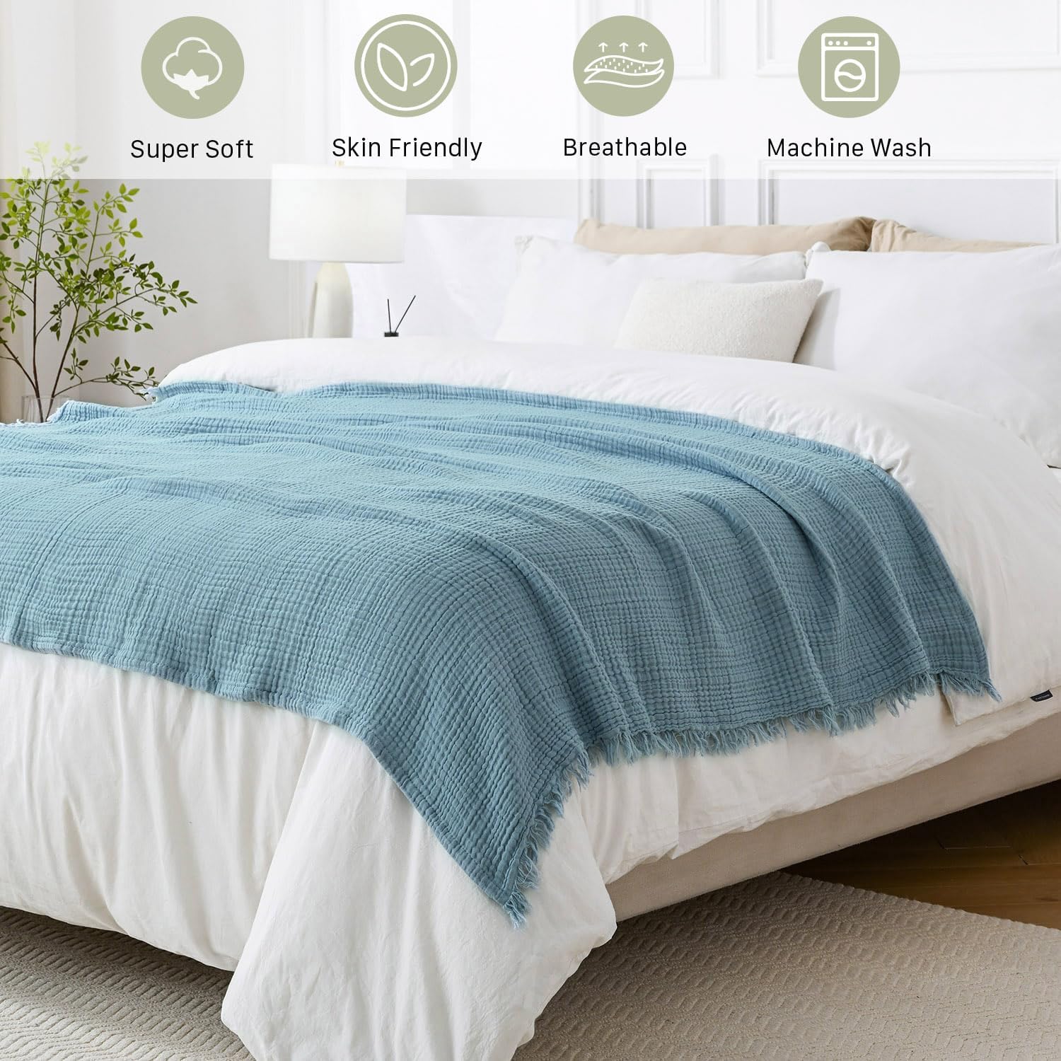Muslin Blanket 100% Cotton Blanket Throw 50”x65”, Lightweight Breathable Summer Blanket Throw. Supersoft 4-Layer Gauze Throw Blanket for Sofa, Couch, Bed, All-Season Use, Sky Blue - Image 5