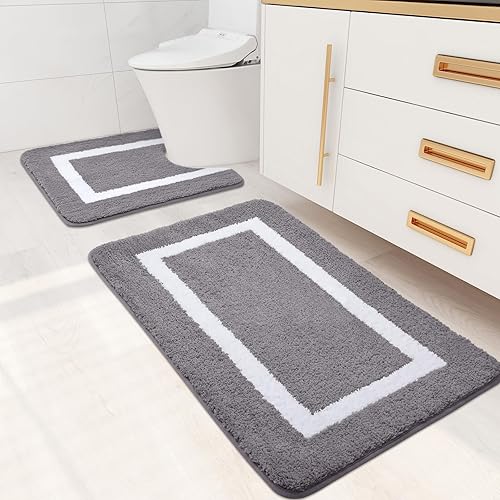 Kitinjoy Juego de 2 alfombras de baño de microfibra suave y alfombra de inodoro en forma de U, se puede lavar a máquina, antideslizante, absorbente,