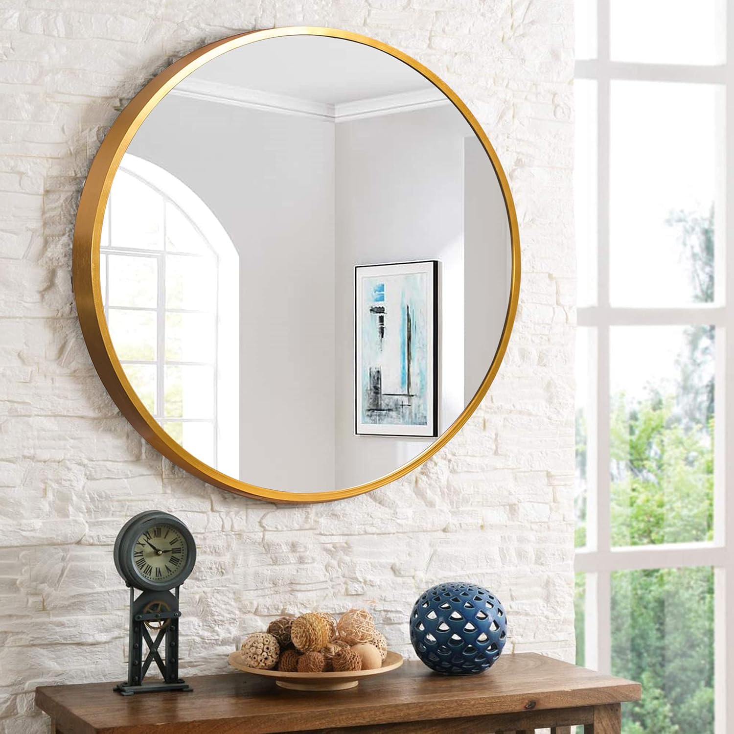 NeuType 32-Inch Round Bathroom Vanity Mirror with Gold Frame