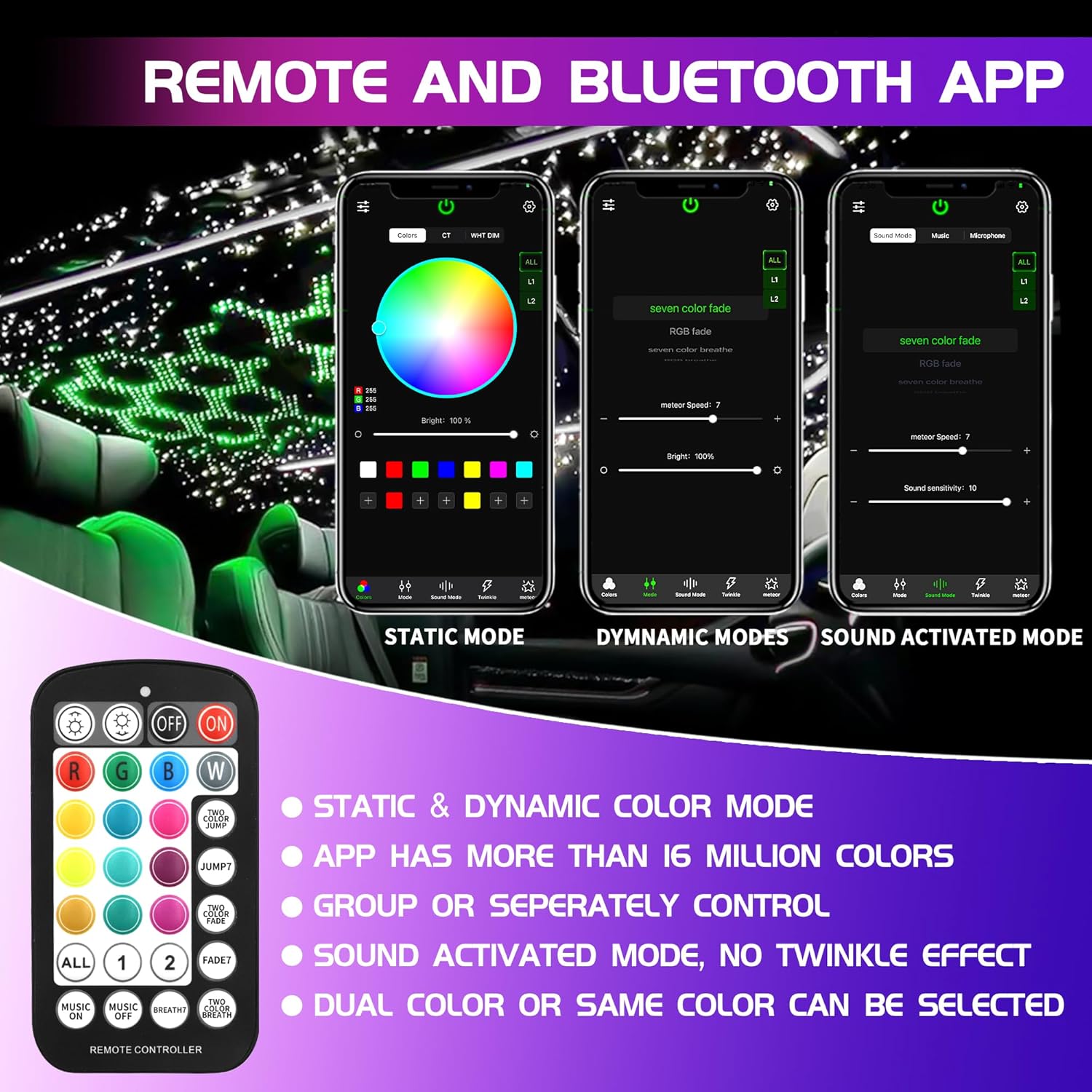 32W Dual Color Starlight Headliner Kit, Sound Activated Fiber Optic Star Roof Lights with APP/Remote Control, 1100pcs 0.03in 9.8ft