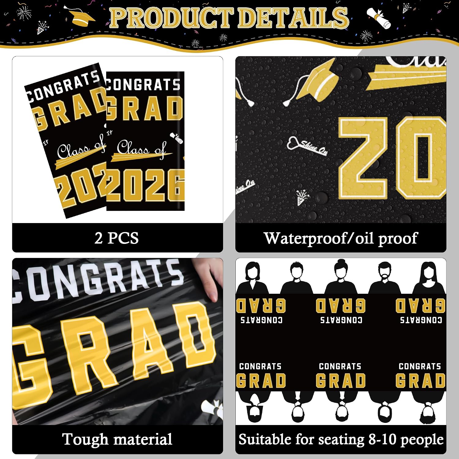OHOME Graduation Decorations 2026 2027- 𝐒𝐇𝐎𝐏 𝐀𝐋𝐋 𝐆𝐑𝐀𝐃 𝐃𝐄𝐂𝐎𝐑 →𝟕𝟎% 𝐎𝐅𝐅 Disposable Plastic Black and Gold Tablecloth for Class of 2026 Decorations Party Favors Banner,54" X 108",2Pcs
