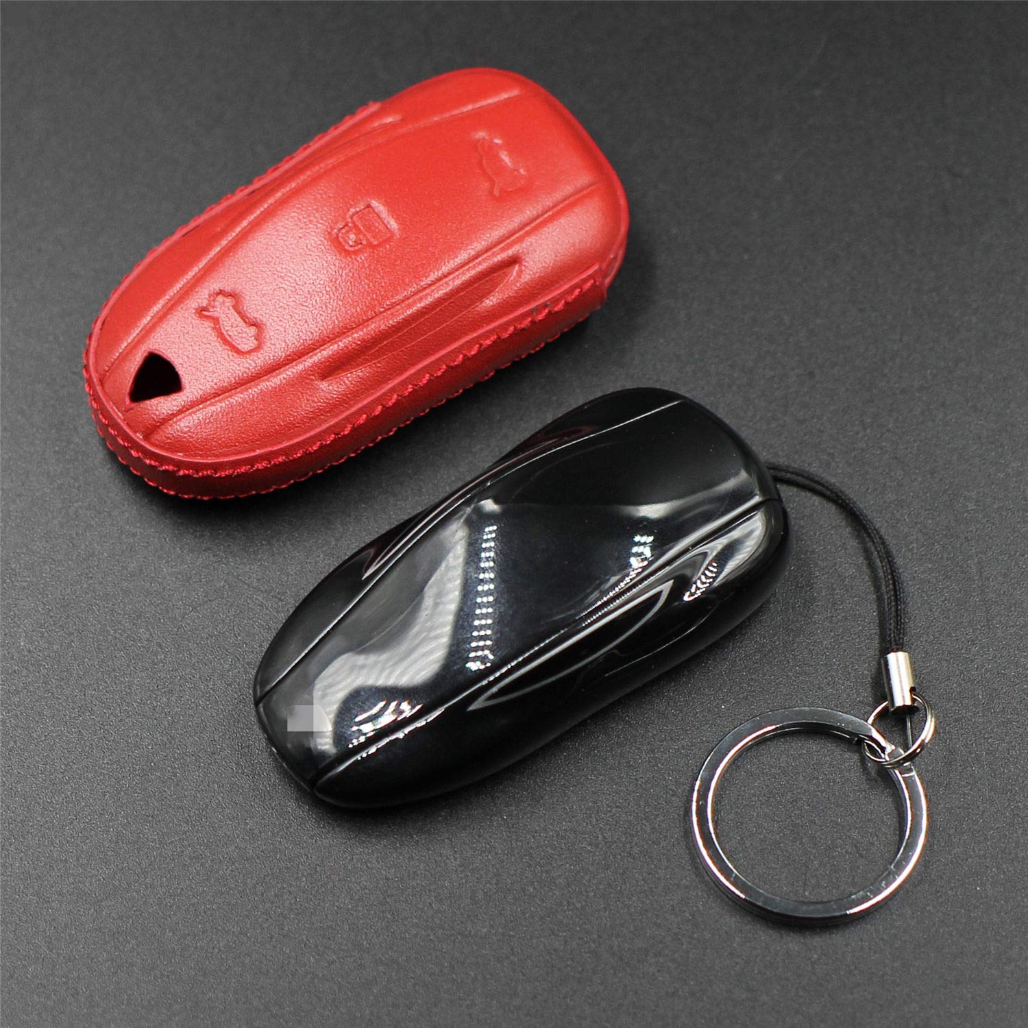 M.JVisun Genuine Leather Tesla Key Fob Cover – For Model 3, S, Y With Metal Keychain (Black) - View #9