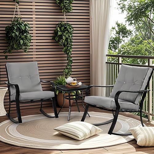 Incbruce 3 Piece Patio Bistro Set Outdoor Rocking Chairs Set, Porch Patio Conversation Chairs Set of 2 with Glass-Top Coffee Table (Grey Thickened Cushion)