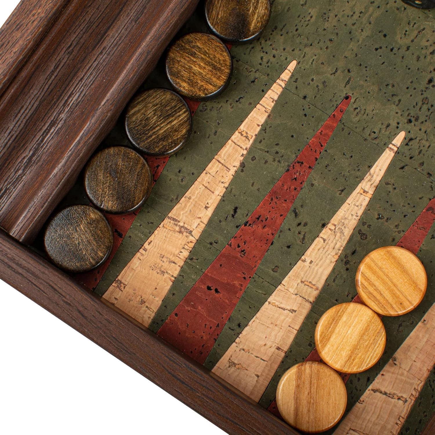 Manopoulos Ensemble de backgammon de luxe en liège naturel vert à carreaux en bois d'olivier – Ensemble haut de gamme fait à la main en Grèce par des experts (30 x 17 cm fermé), adultes 14+