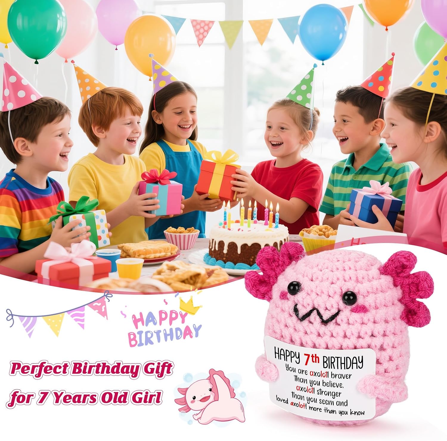 7 Year Old Girl Birthday Gift Ideas, Mini Crochet Axolotl Plush for 7th Birthday Gift for Girls, 7th Pink Decorations, 7 YO Presents Axolotl Toy,Unique Happy 7th Decoration Presents