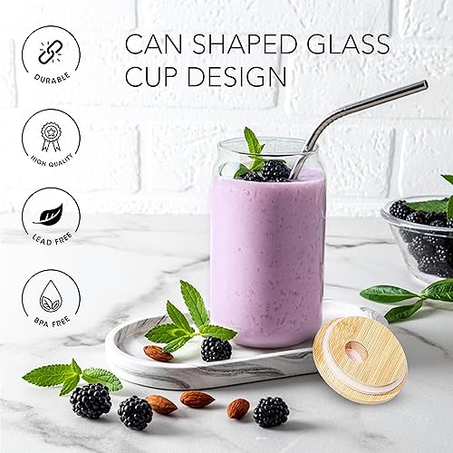 Miniatura 5 de Look Up Vasos para beber con tapas de bambú, popotes de plástico y 2 cepillos de limpieza, vasos de 16 onzas, tazas de cocina, té helado y vidrio de