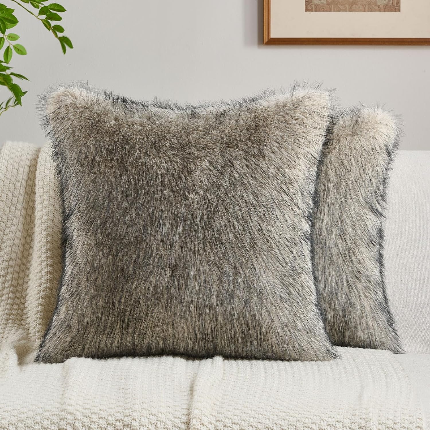 FUTEI Apricot Decorative Throw Pillow Covers 18x18 Inch Set of 2,Soft Faux Raccoon Fur Textured Cushion Case,Modern Home Luxurious Decor for Couch Bed Living Room