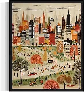 Manhattan New York Poster Art Print, City Skyline American Folk Art, Naive Artwork Painting Decor for Bedroom, Bathroom, Living room Gallery 36 (Manhattan New York, 8 x 10 inches, Unframed)