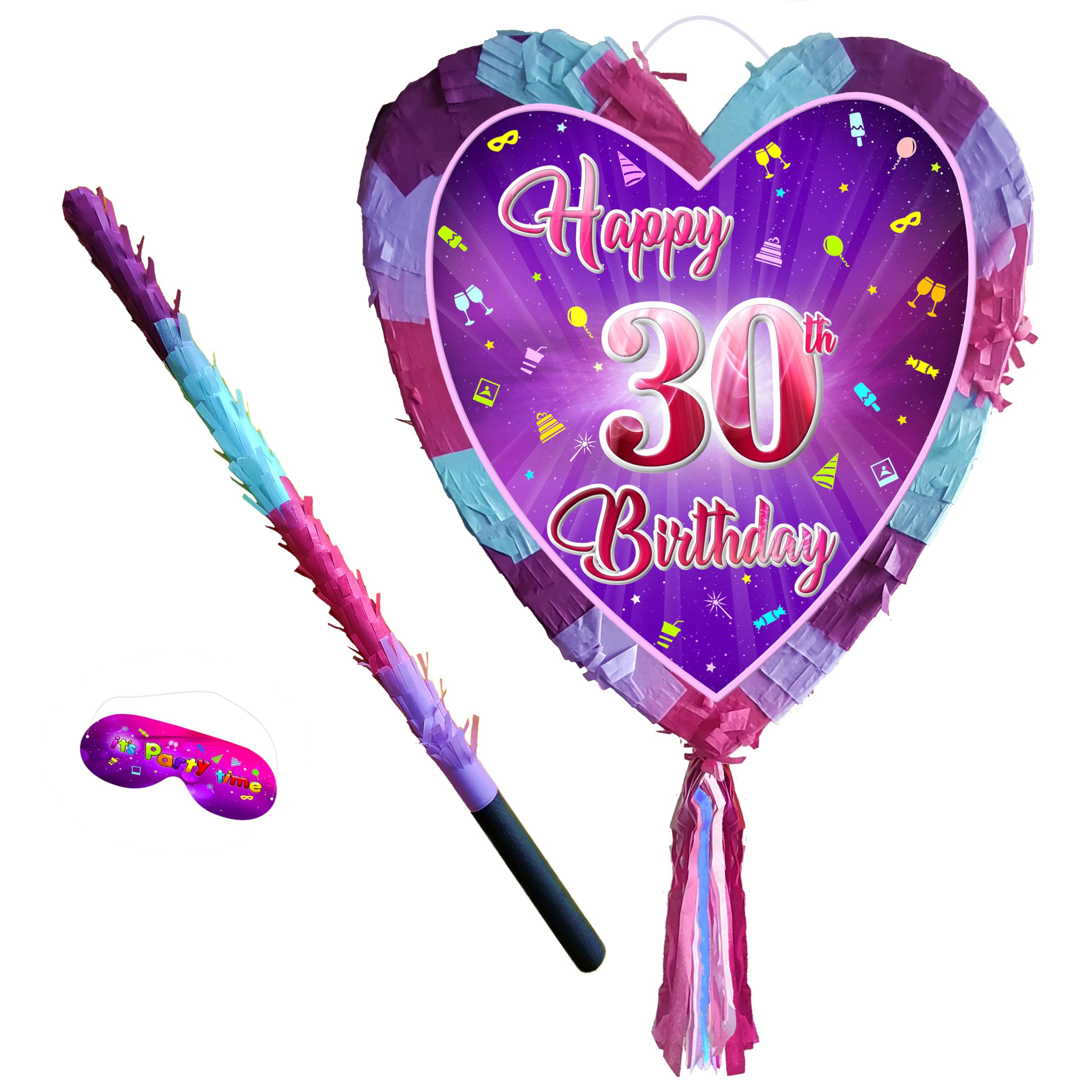 30th birthday pinata with stick - Girls thirty party smashing game - Big 41cm x 38cm, Pink, Purple, Sky Blue - Image 2