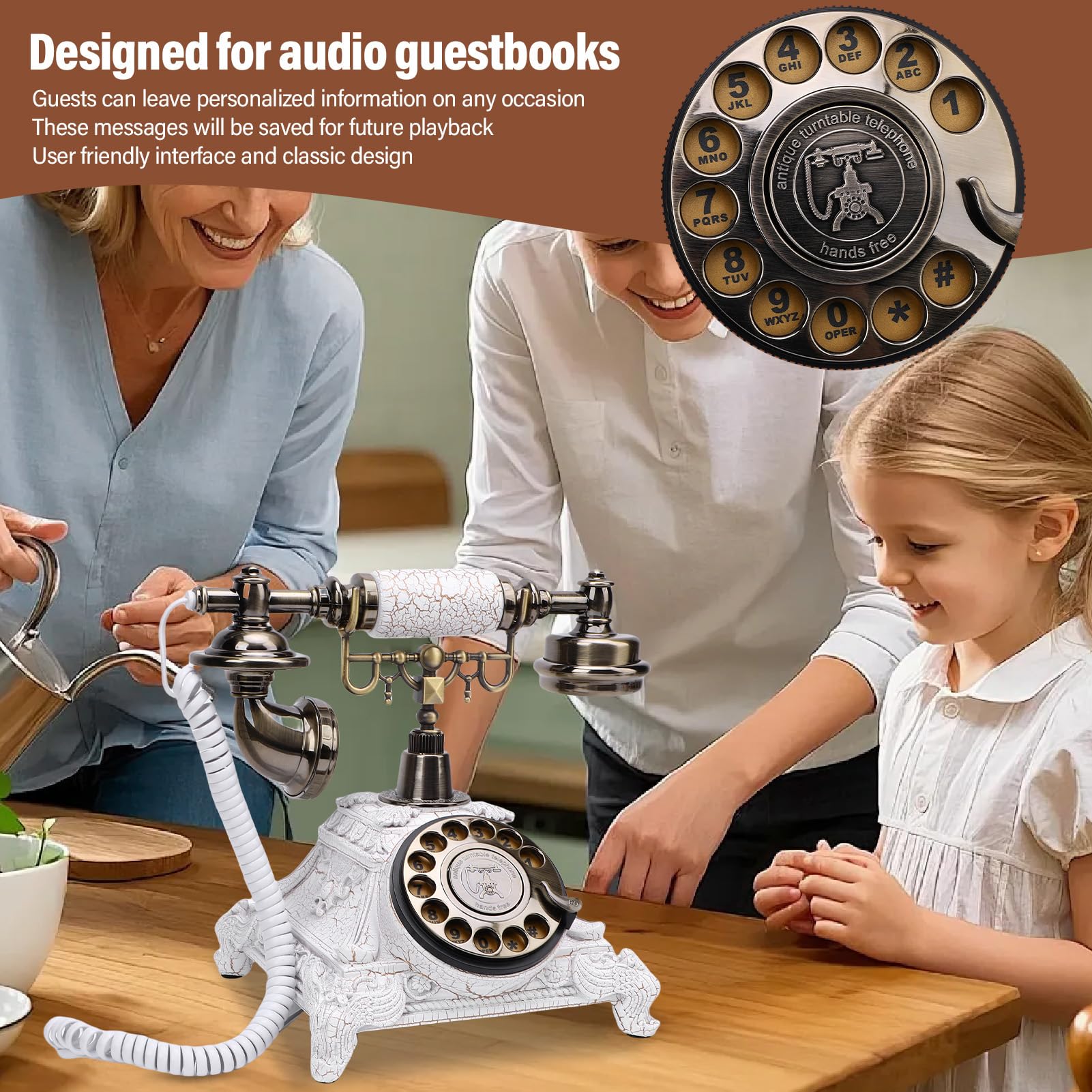 Jectse Audio Gästebuch Hochzeit Telefon, 32G Memory Vintage Gästebuch -Aufzeichnung Customized Audio -Nachrichten mit Voicemail, für Geburtstage Party Graduation Babyparty (White)
