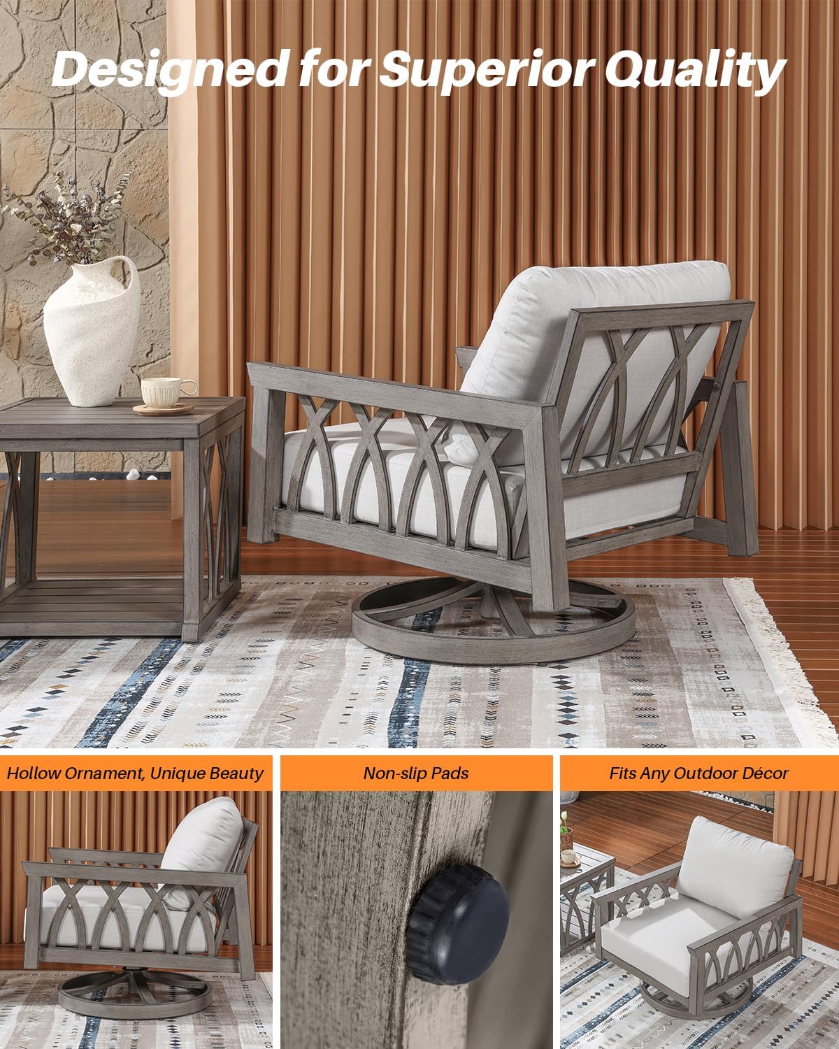 Aluminum Swivel Outdoor Armchair, Swivel Patio Sofa Chair with Thick Cushions, 360-Degree Rotating Aluminum Club Chair, Outdoor Rotation Chair Furniture for Deck, Porch, Garden, Limed Oak