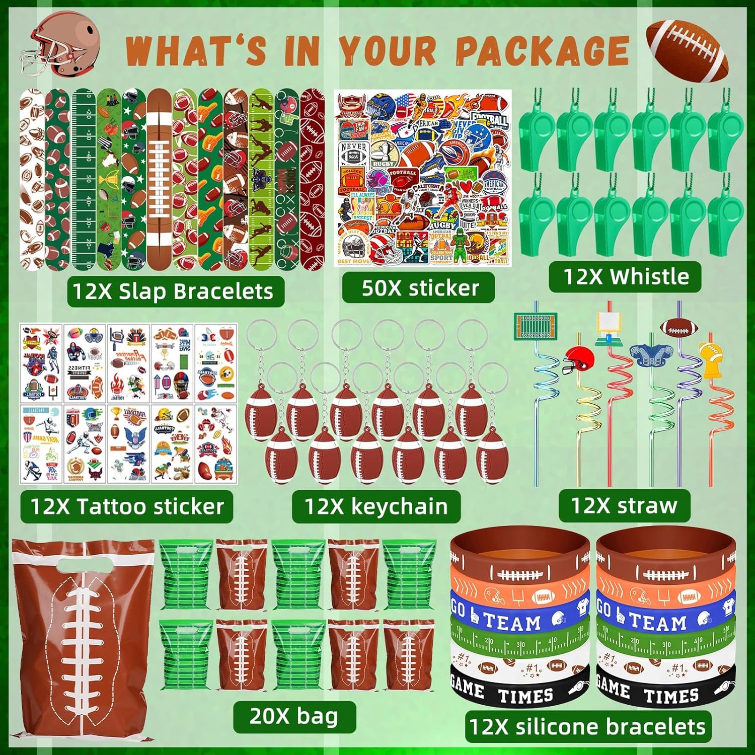 134 Pcs Football Party Favors Set 12 Silicone Bracelet 12 Whistles 12 Keychains 12 Slap Bracelet 12 Tattoo Stickers 12 Plastic Straws 12 Gift Bags 50 Football Stickers for Football Party Supplies - Image 3