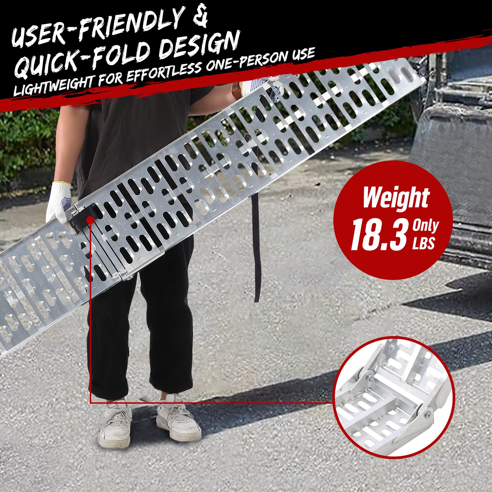 Garvee Rampa De Carga De Aluminio Plegable 340kg, Estructura Reforzada con Bisagras Soldadas, Superficie Antideslizante, Ligera 8,3kg, para Moto ATV Cortacésped Remolque, Fácil Almacenaje, Aluminio