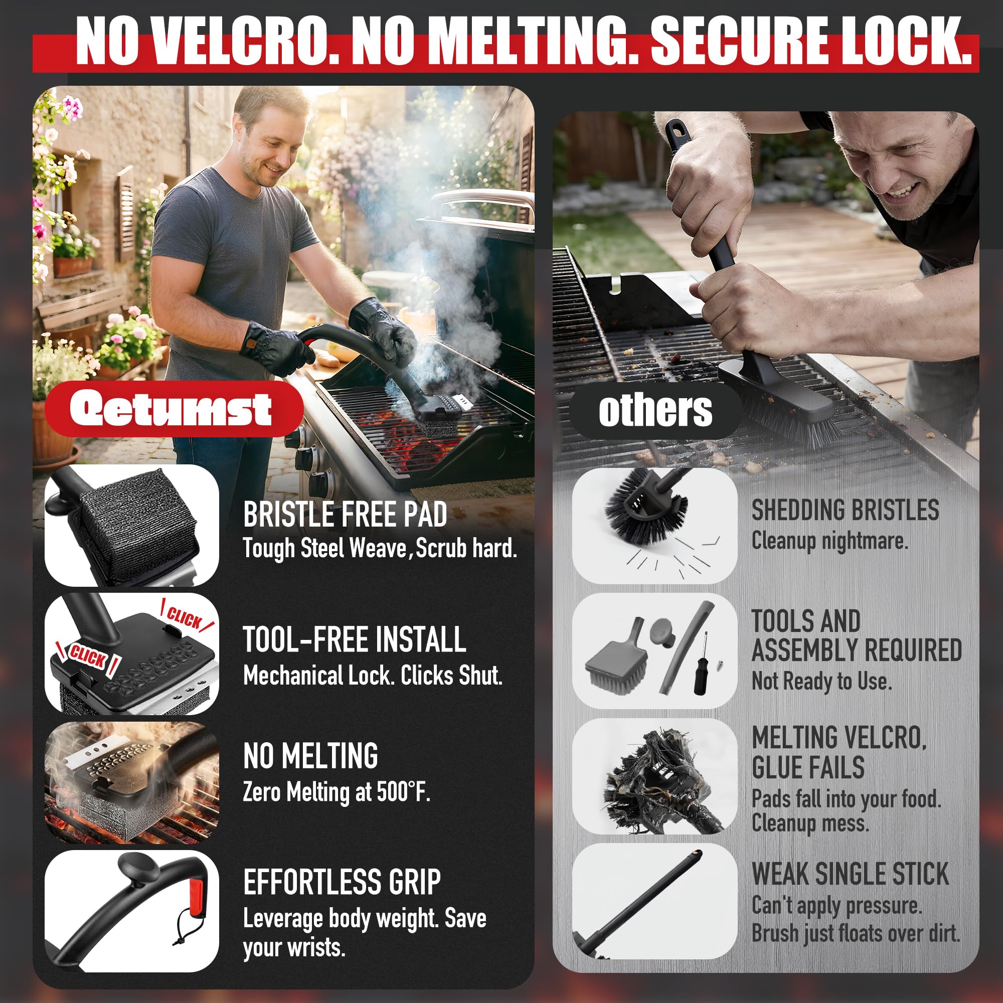 Qetumst Spazzola per griglia senza setole con secchio pieghevole, kit di pulizia per barbecue a vapore e raschietto 3 in 1, testa extra sostituibile, accessori sicuri per esterni per griglie in ghisa