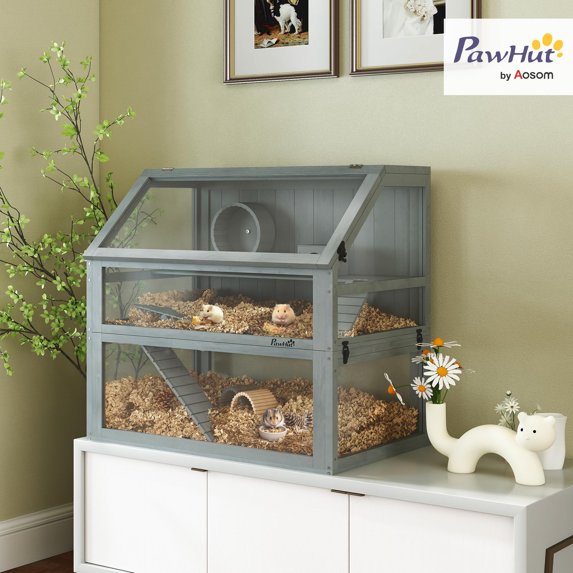 PawHut Hamsterkäfig aus Holz 3 Etagen 80 x 50 x 76 cm Nagerkäfig Kleintierkäfig mit Wippe Laufrad Hütte tiefem Untergeschoss Mäusekäfig für Zwerghamster Hellgrau