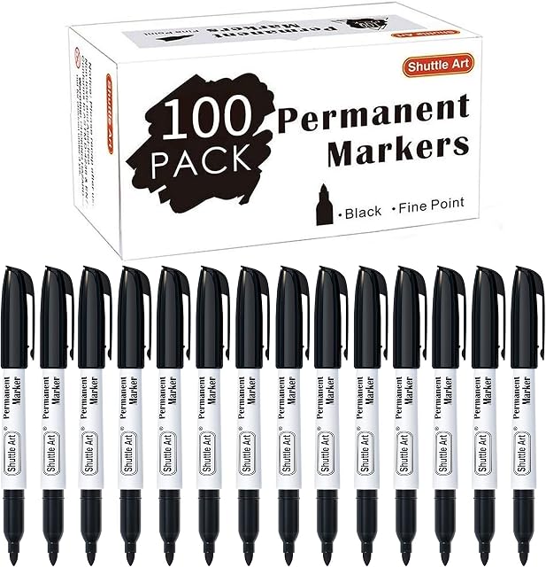 Permanent Markers,Shuttle Art 100 Pack Black Permanent Marker set,Fine Point, Works on Plastic,Wood,Stone,Metal and Glass for Doodling, Marking