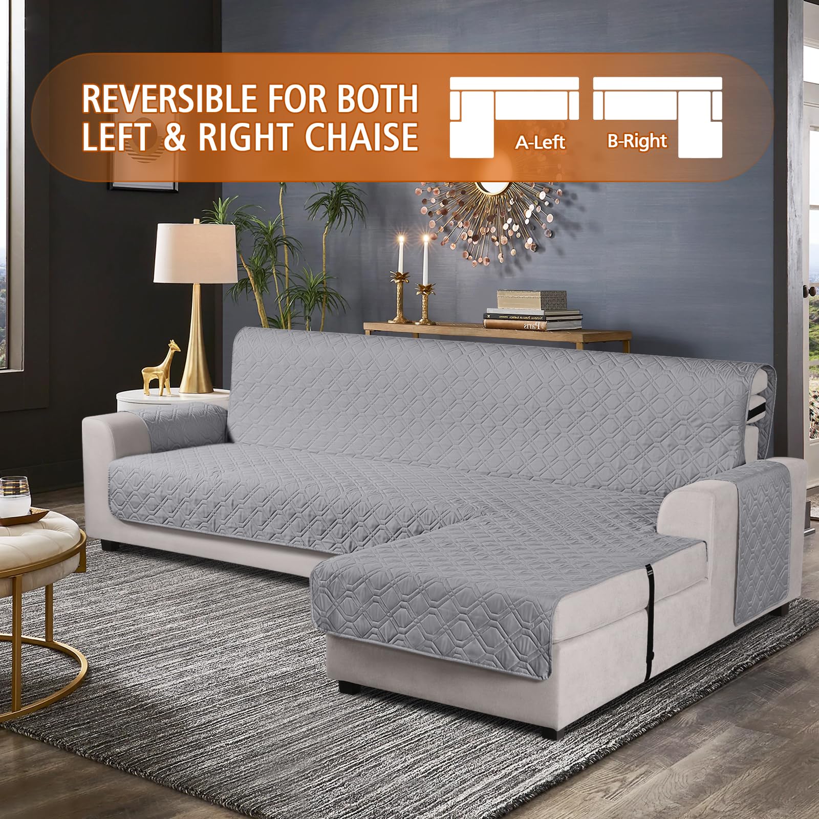 VANSOFY Upgraded Sectional Couch Covers 100% Waterproof L Shaped Sofa Slipcover Reversible Chaise Lounge Cover for Sectional Sofa Furniture Protector Cover for Pets Dog Cat(Large, Light Gray)