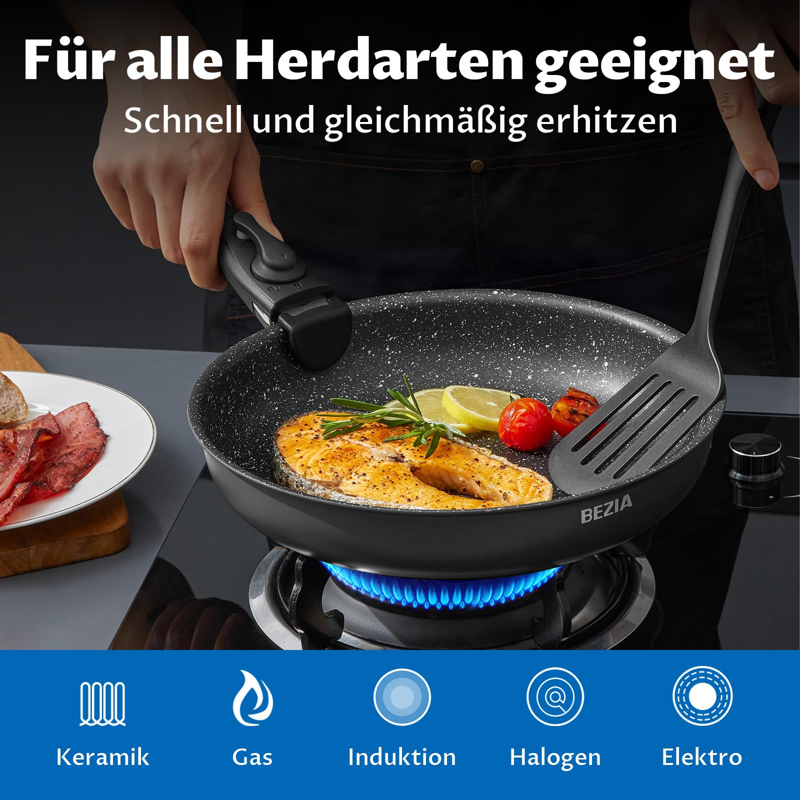 BEZIA Topfset mit Abnehmbarem Griff, 10-tlg Töpfe & Pfannen Set für Camping | Stapelbares Topf- & Pfannenset für kompakte Küchen, alle Herde inkl. Induktion, PFAS-freies Kochgeschirr, Ofenfest bis 230°C