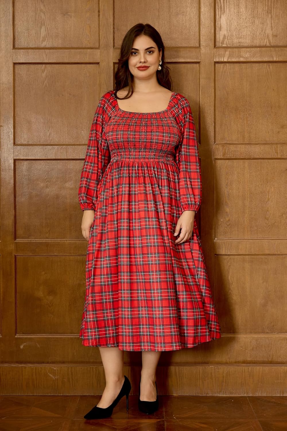 RITERA Plus Size Dresses for Curvy Women Square Neck Fall Long Sleeve Floral Smocked Maxi Dress with Pocket XL-5XL - Image 3