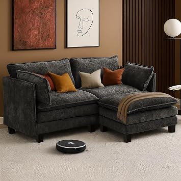 77" Loveseat Modular Sectional Sofa Set, L Shaped Cloud Couch with Comfy Upholstered Cushions, Chenille Deep Seat Sofa with Ottoman, for Living Room, Bedroom and Apartment 3 Seater Grey
