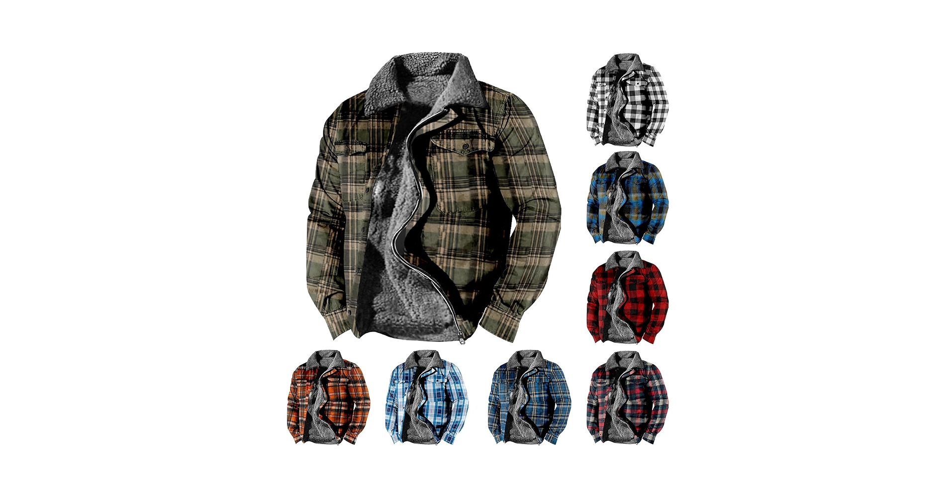 Mens Fleece Plaid Jacket Lightweight Casual Coat Lapel Zip