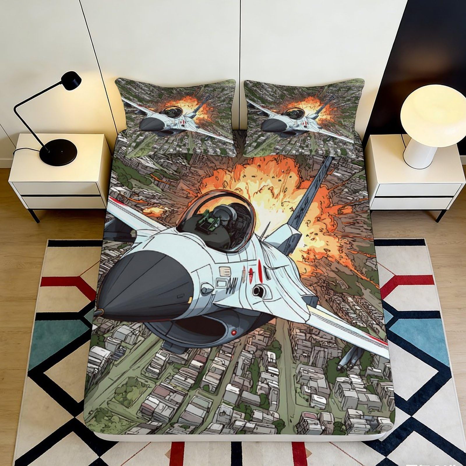 3D Printed Fighter Jet Explosion Fitted Sheet Microfiber Anti-Slip Bed Cover for Bedroom Dorm Room Decor 90x200x25cm