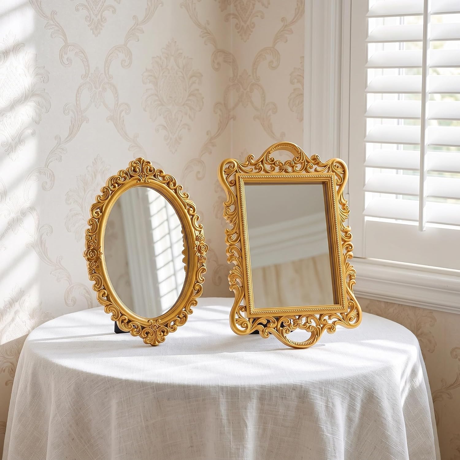 INOOMP 2pcs Ornate Gold Mirror Tray, Baroque Oval Accent Mirror