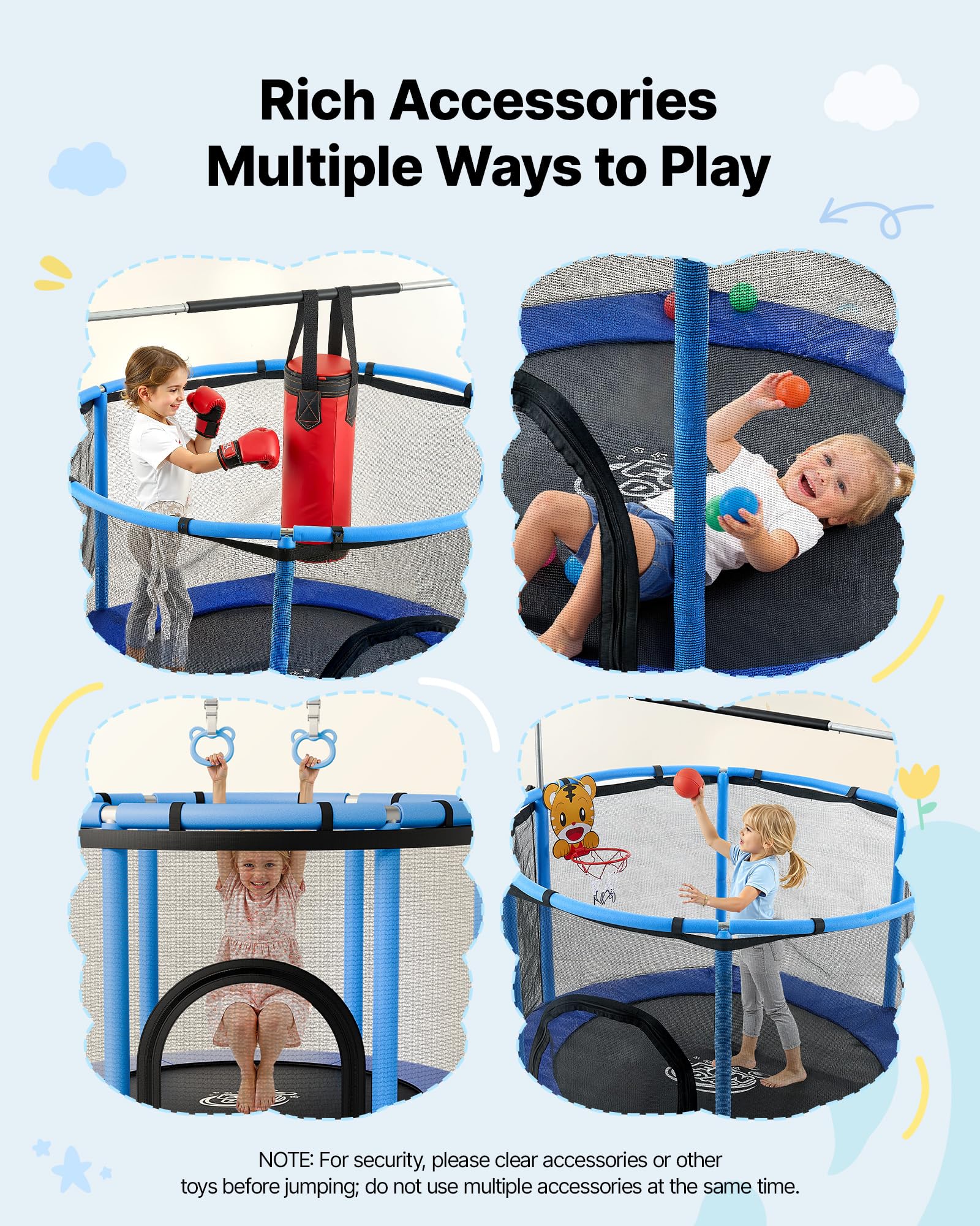 VEVOR Trampolino Elastico per Bambini Rete Protezione 142 cm Carico 60 kg, Trampolino Giocattolo Esercizio Divertimento per Bambini da Interno Esterno Barra Regolabile Tappeto Integrato in PP